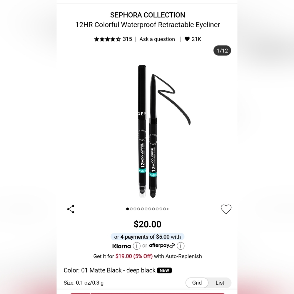 Sephora 12H Colorful Black Eyeliner Matte Black 01
